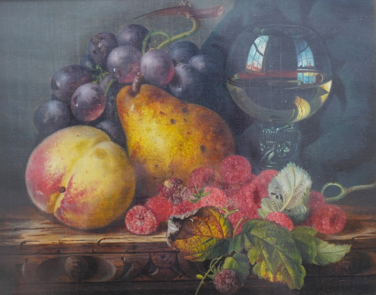 Edward Ladell, 1821-1886, A still life study of fruit and a wine glass on a tabletop